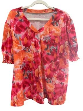 Women’s Pink Orange Floral V-Neck Smocked Sleeve Blouse 2XL